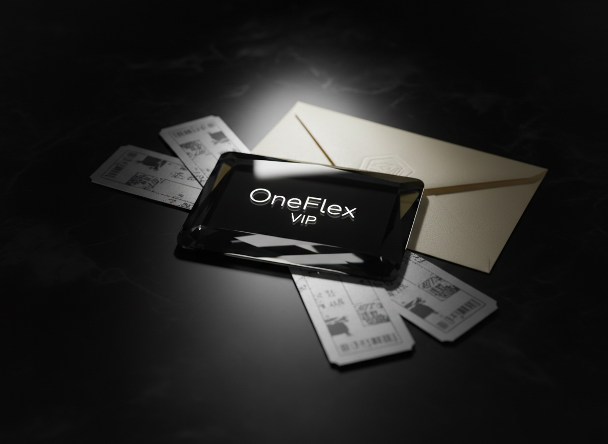 A luminous black crystal membership card engraved with “OneFlex VIP” in fine platinum lettering, resting at a diagonal on a glossy obsidian surface. Around it are artistically placed metallic ticket stubs and a single, exquisitely folded embossed invitation envelope, all slightly out of focus. Overhead, a soft spotlight creates a subtle halo, emphasizing the card’s beveled edges and delicate reflections while leaving the background in elegant shadow. The composition uses a tight, centered frame and shallow depth of field in photographic realism, conveying exclusivity, privilege, and last-minute access to the most coveted events, with a mood that is mysterious yet unmistakably premium.