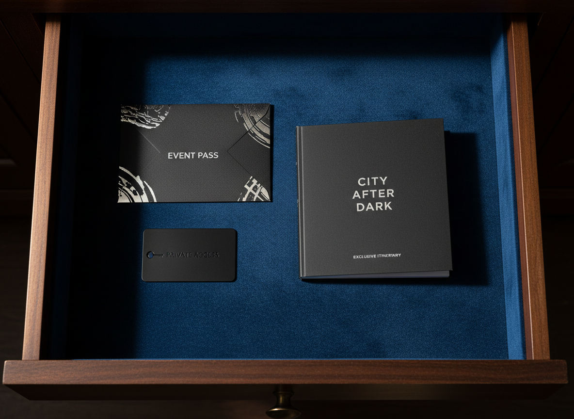 A bird’s-eye view of a dark velvet-lined drawer partially opened to reveal a curated collection of premium event access items: a sleek black envelope with silver foil details, a matte metal keycard labeled “Private Access”, and a minimalist booklet titled “City After Dark”. Everything is precisely arranged on the deep blue velvet, whose texture is emphasized by soft, directional side lighting. The surrounding drawer interior in rich walnut wood fades into shadow, reinforcing the sense of secrecy and exclusivity. Photographic realism with crisp focus throughout, the composition feels like a private treasure trove of last-minute VIP opportunities carefully assembled by a discerning concierge service.