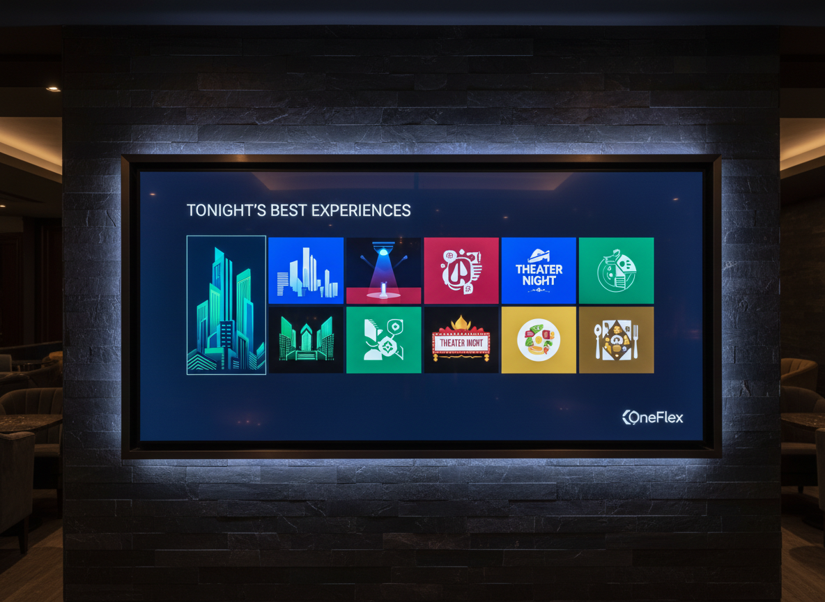 A large, ultra-modern wall-mounted digital concierge dashboard displayed in a dimly lit lounge, showing a curated grid of event tiles, each with vibrant but tasteful imagery of city skylines, theater marquees, and gourmet dishes, all illustrated iconically rather than literally. The interface features a subtle "OneFlex" logo in the corner and a highlighted “Tonight’s Best Experiences” section. Cool-toned LED strip lighting outlines the screen, creating a soft halo glow on the textured dark stone wall behind. Captured straight-on with photographic realism and sharp focus, the mood is cutting-edge and exclusive, evoking a private members’ lounge where every option has been pre-filtered for luxury and relevance.
