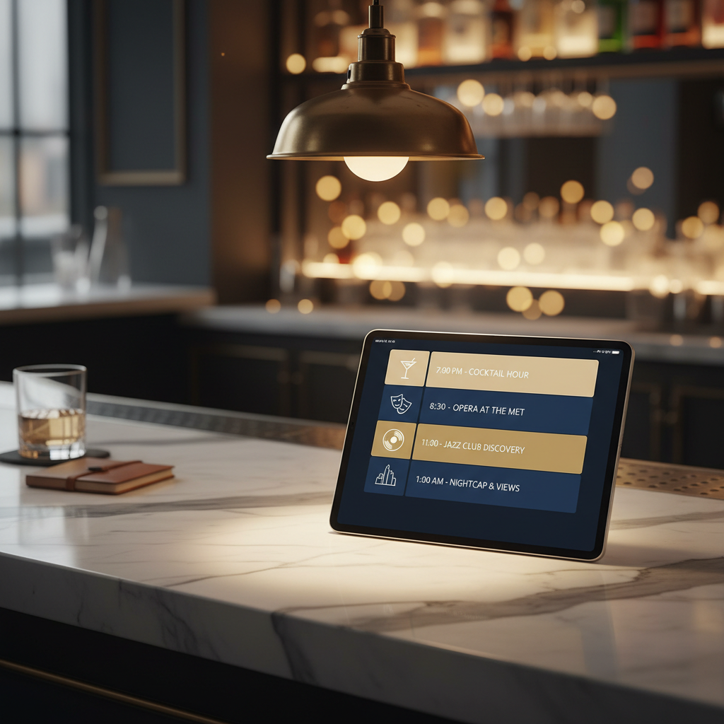 An elegantly arranged digital itinerary displayed on a premium tablet resting on a marble bar counter, with the schedule blocks styled like polished tiles in shades of champagne, midnight blue, and soft gold. Each tile features a small icon denoting the activity type—martini glass, theater mask, vinyl record, skyline—presented in a clean, sophisticated design. Ambient bar backlighting creates a bokeh of warm golden circles behind the tablet, while an overhead pendant casts a precise highlight along the marble’s veining. Photographic realism, composed using the rule of thirds with the tablet slightly off-center, projects a mood of effortless organization and elevated, cosmopolitan nightlife planning.